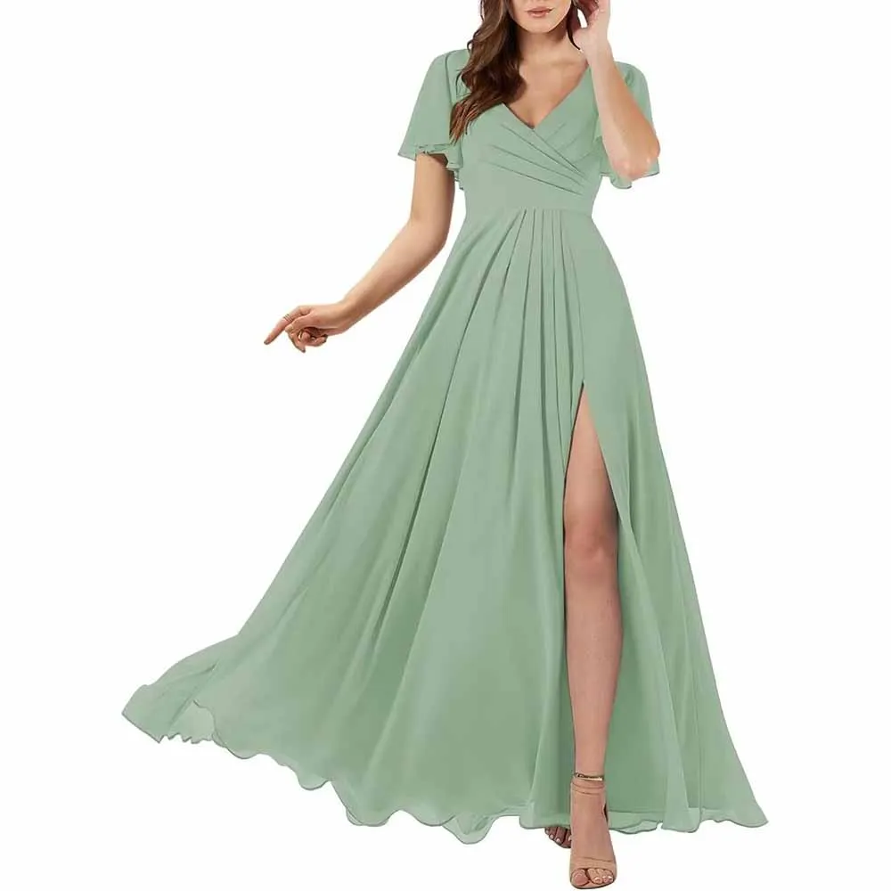 Short Sleeve Bridesmaid Dresses Long with Slit V Neck Chiffon Formal Dresses