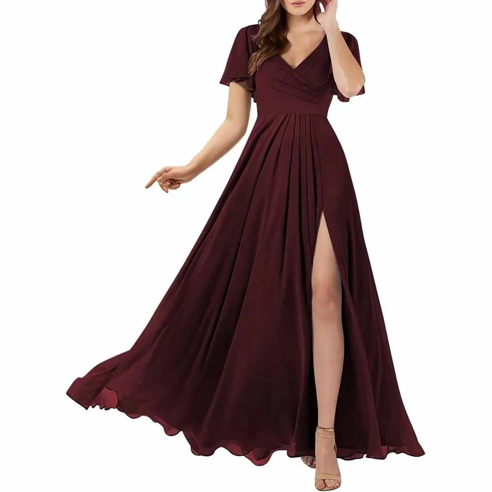 Short Sleeve Bridesmaid Dresses Long with Slit V Neck Chiffon Formal Dresses