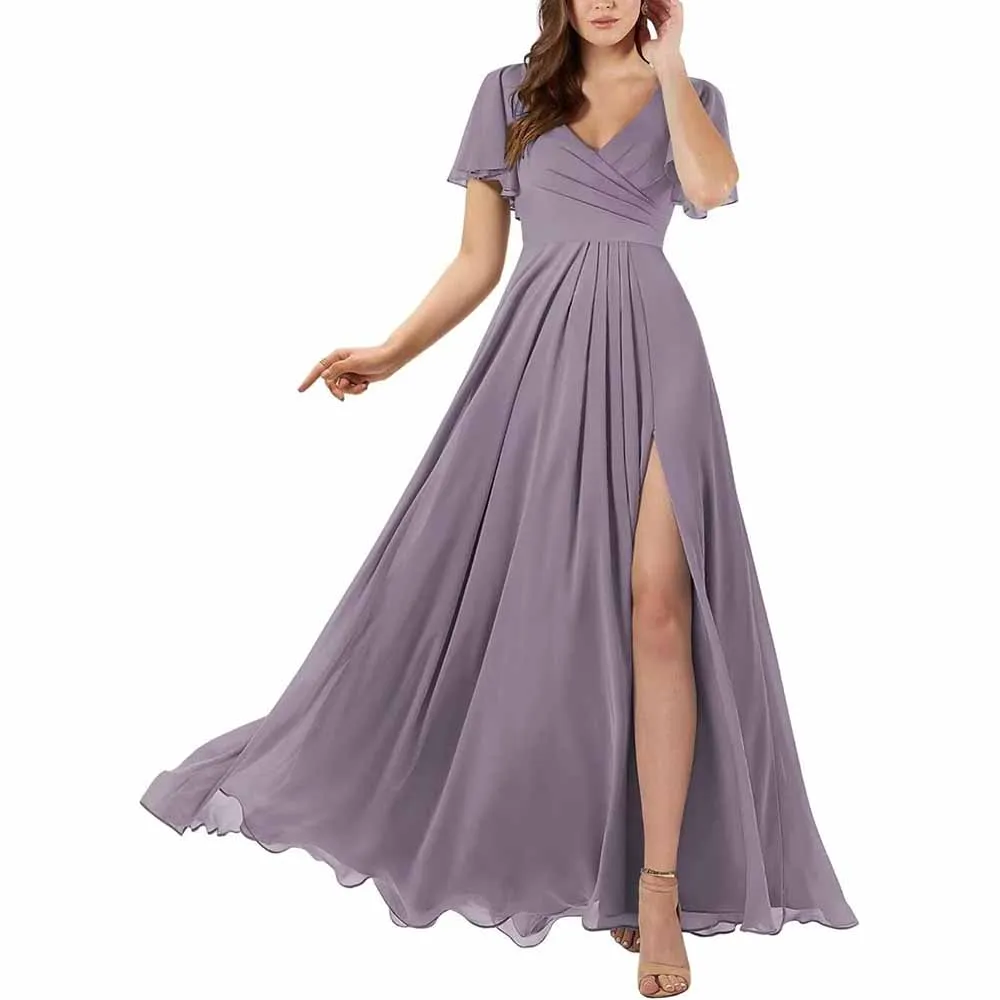 Short Sleeve Bridesmaid Dresses Long with Slit V Neck Chiffon Formal Dresses