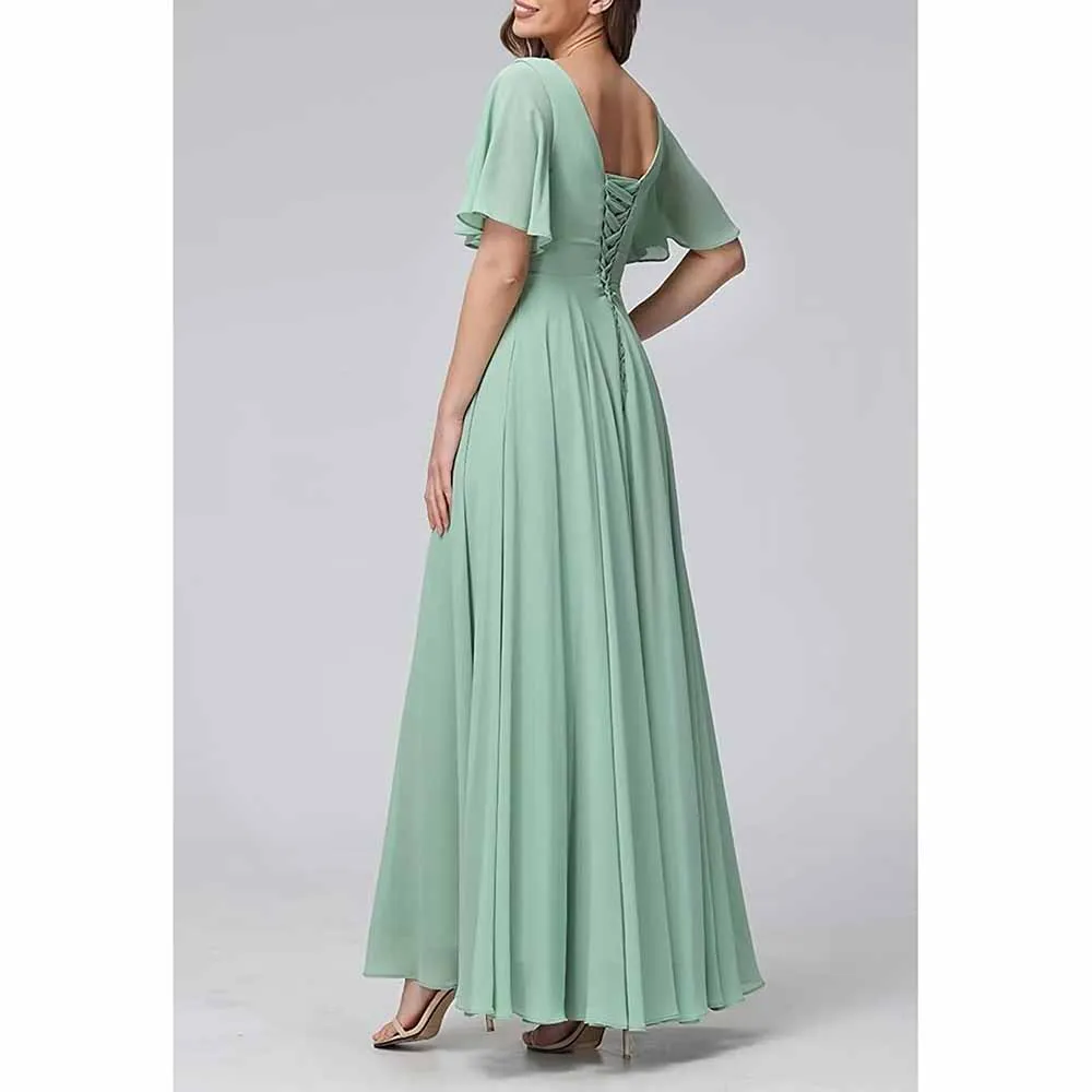 Short Sleeve Bridesmaid Dresses Long with Slit V Neck Chiffon Formal Dresses