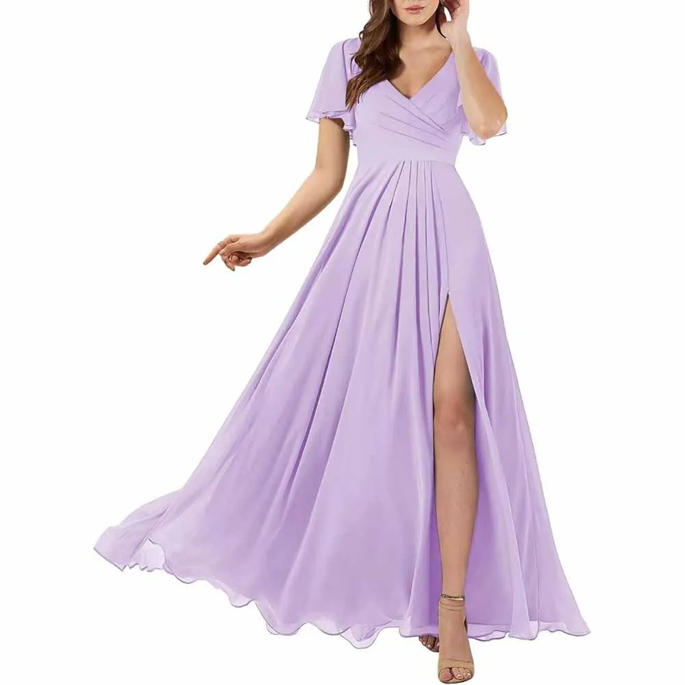 Short Sleeve Bridesmaid Dresses Long with Slit V Neck Chiffon Formal Dresses