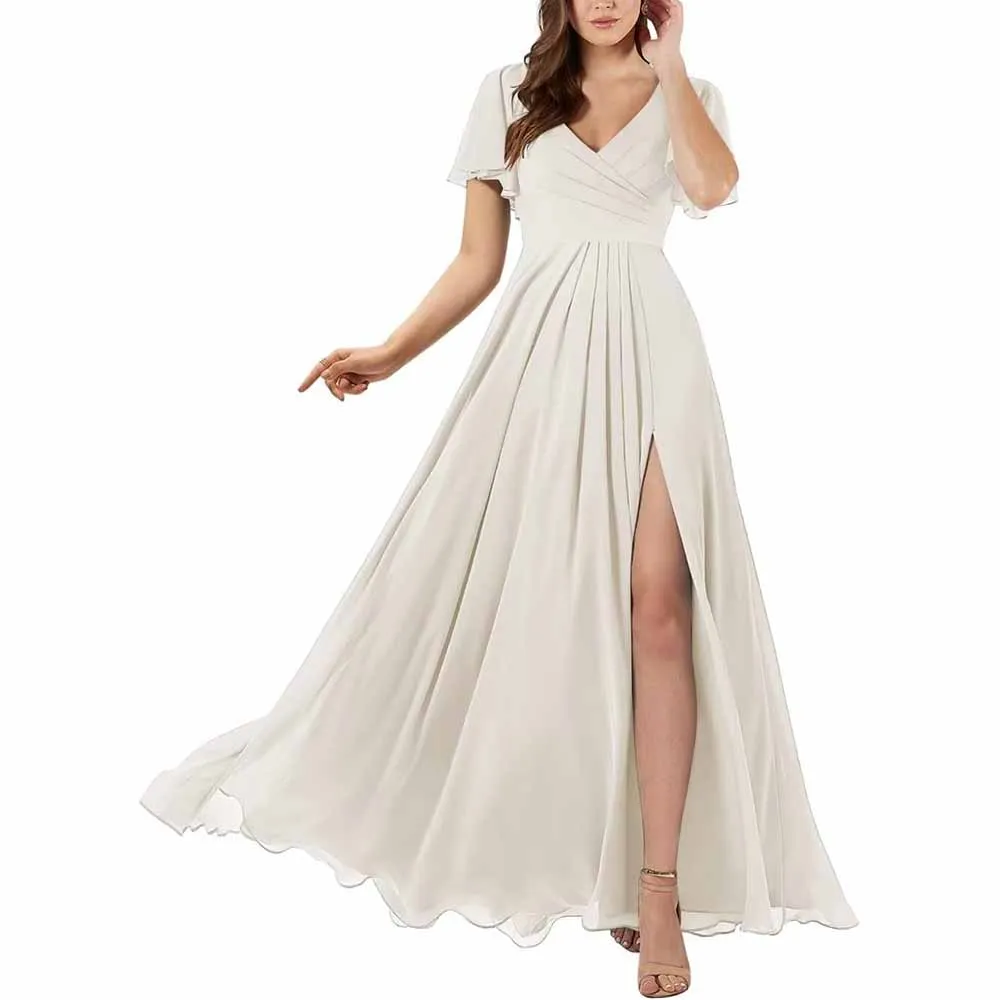 Short Sleeve Bridesmaid Dresses Long with Slit V Neck Chiffon Formal Dresses