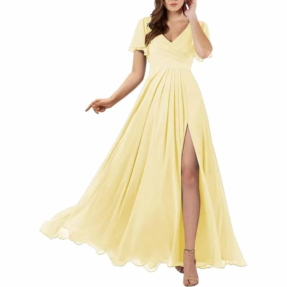 Short Sleeve Bridesmaid Dresses Long with Slit V Neck Chiffon Formal Dresses