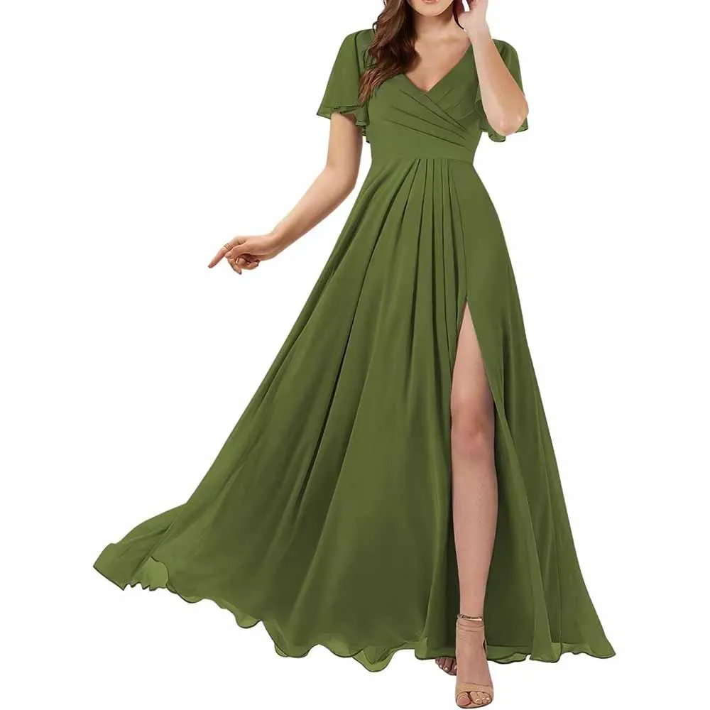 Short Sleeve Bridesmaid Dresses Long with Slit V Neck Chiffon Formal Dresses