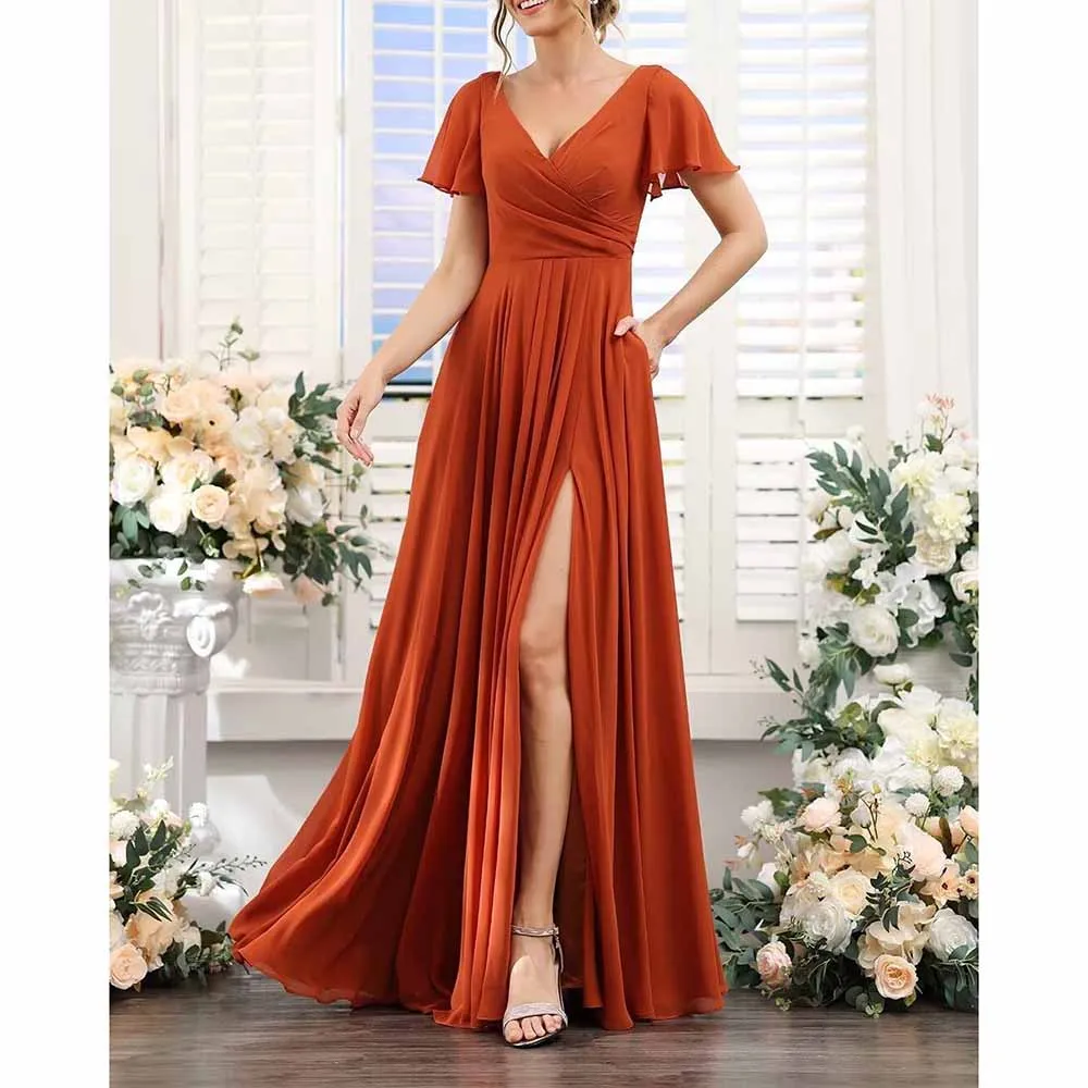 Short Sleeve Bridesmaid Dresses Long with Slit V Neck Chiffon Formal Dresses