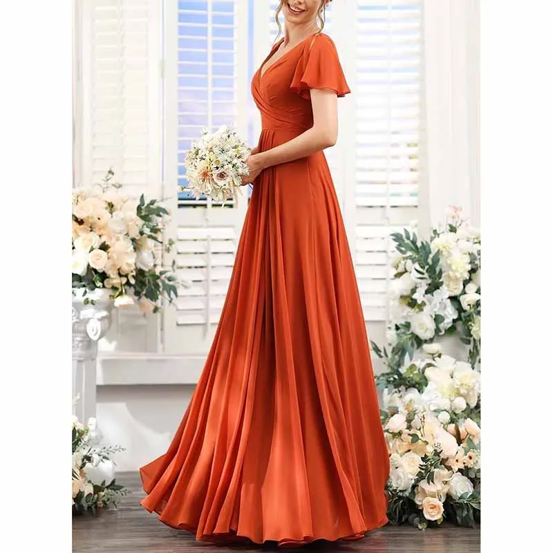 Short Sleeve Bridesmaid Dresses Long with Slit V Neck Chiffon Formal Dresses