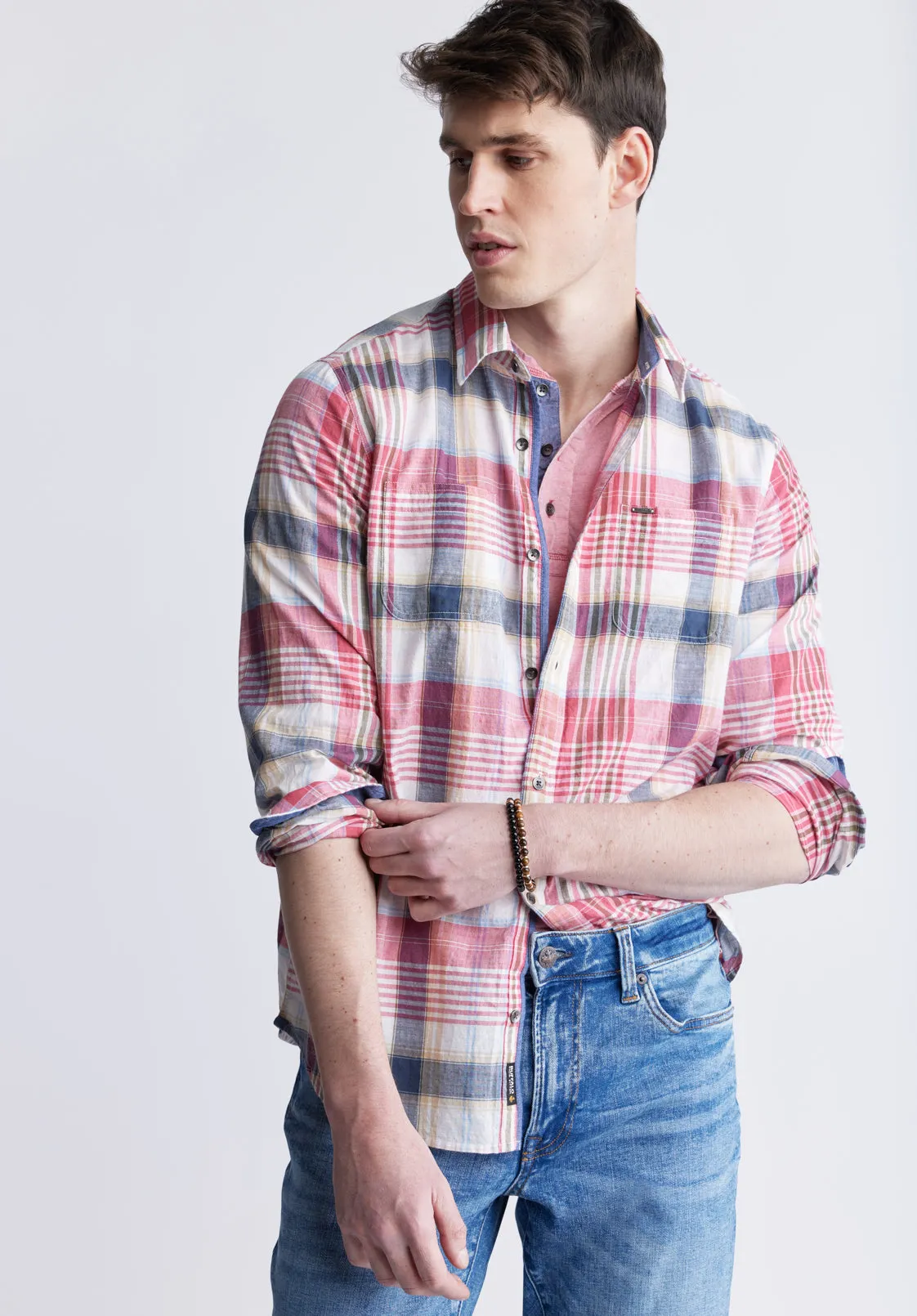 Sizar Men's Long Sleeve Plaid Shirt, White with Pink and Blue - BM24370