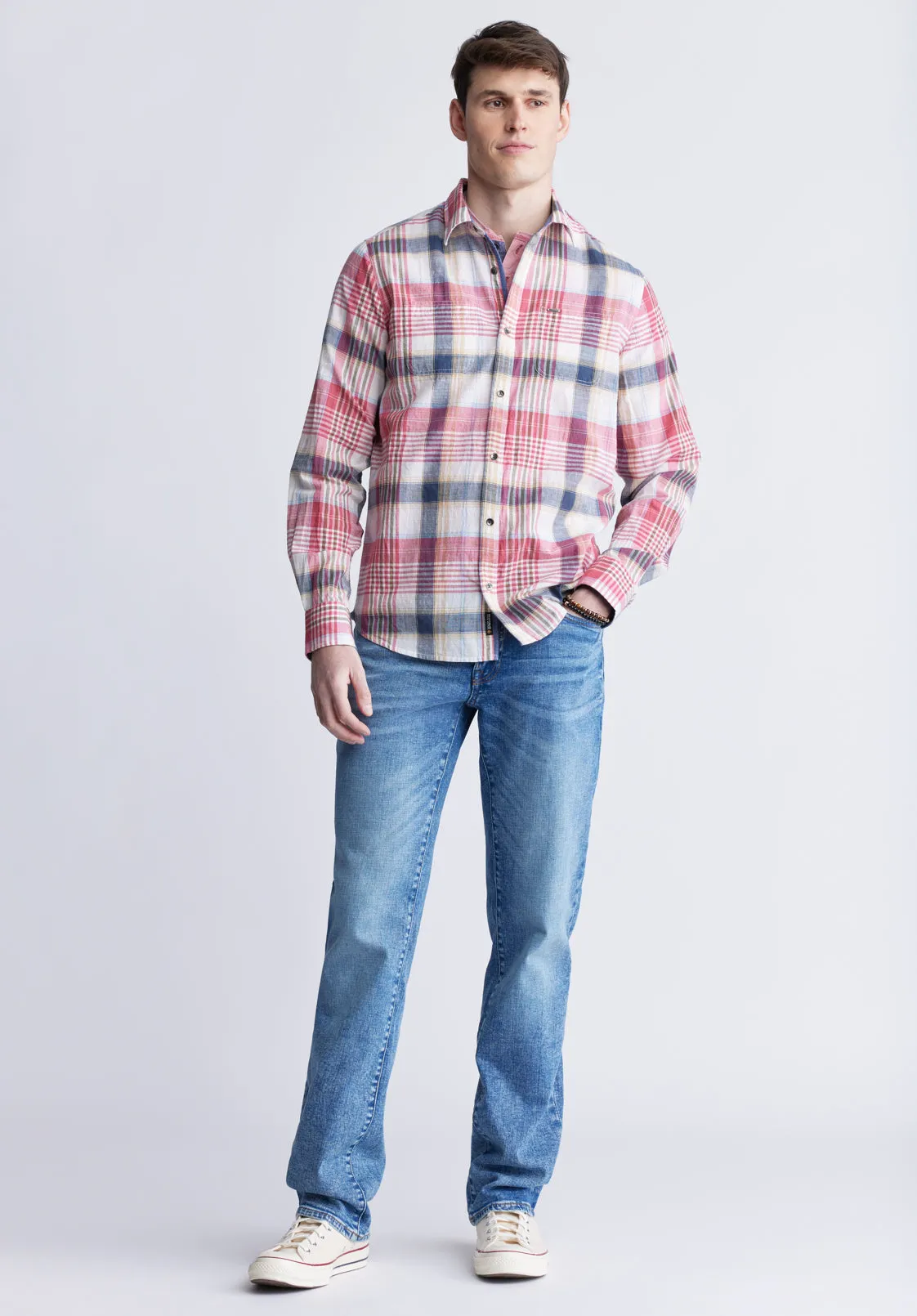 Sizar Men's Long Sleeve Plaid Shirt, White with Pink and Blue - BM24370