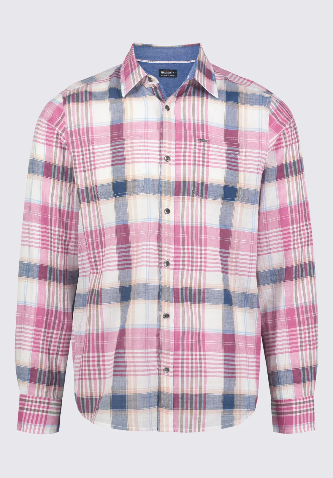 Sizar Men's Long Sleeve Plaid Shirt, White with Pink and Blue - BM24370