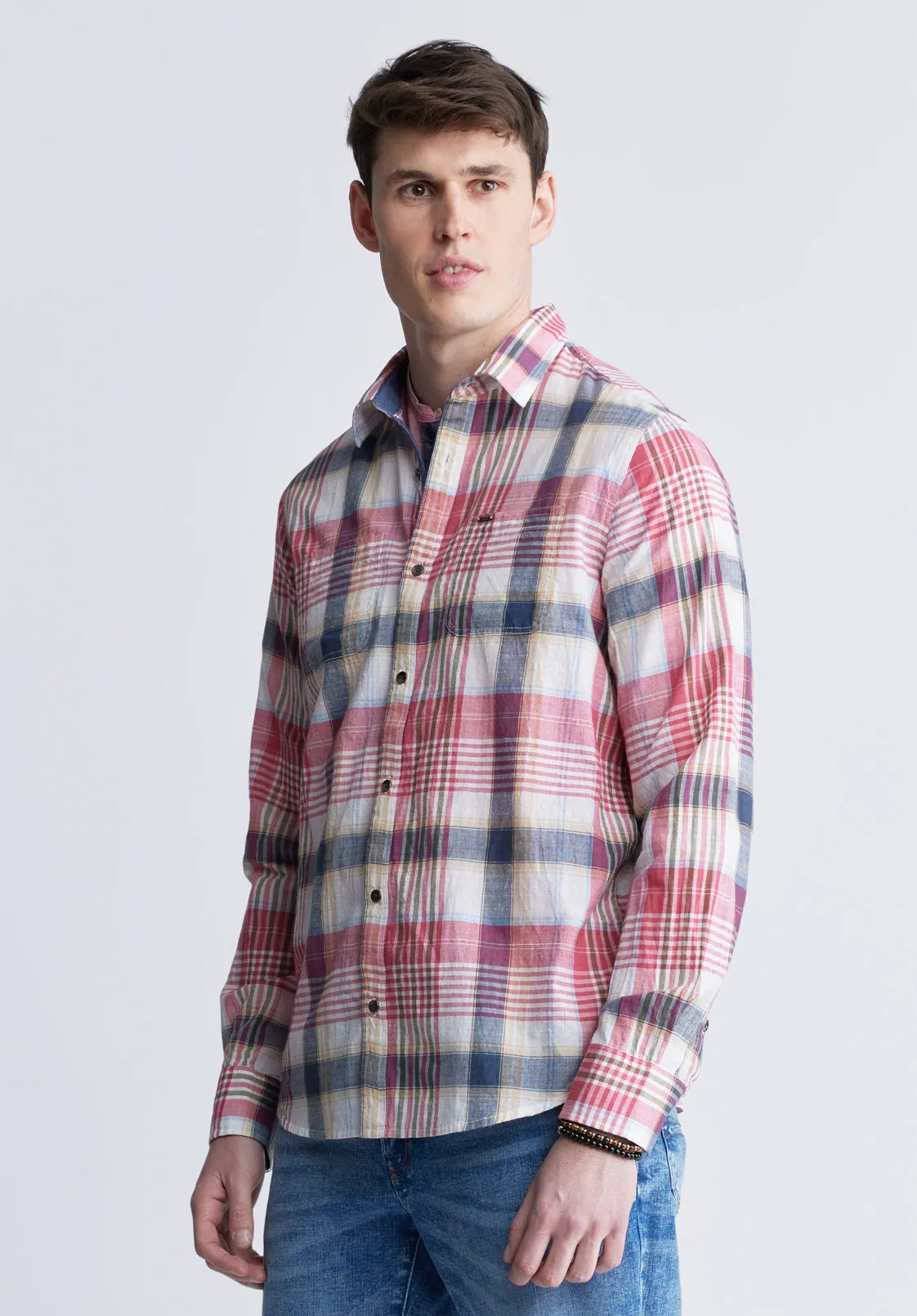 Sizar Men's Long Sleeve Plaid Shirt, White with Pink and Blue - BM24370