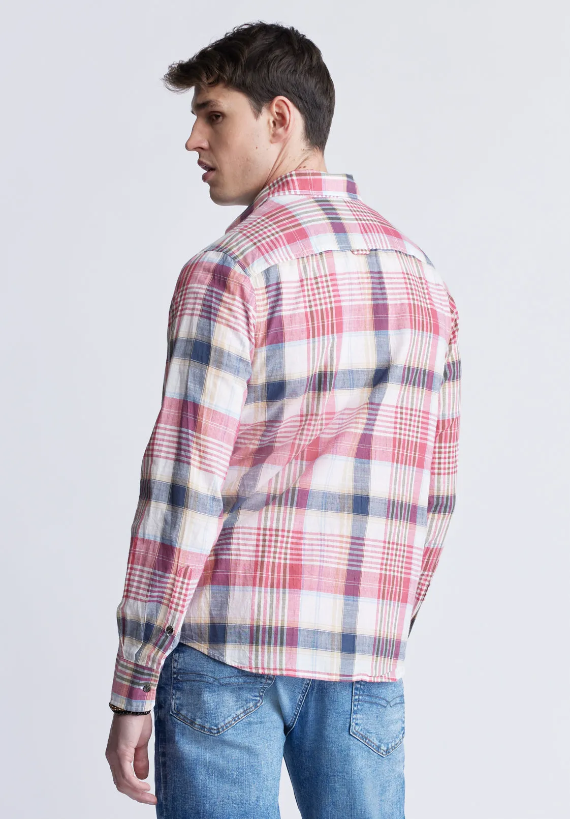 Sizar Men's Long Sleeve Plaid Shirt, White with Pink and Blue - BM24370