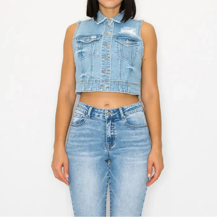 Slightly Destroyed Cropped Boxy Denim Vest