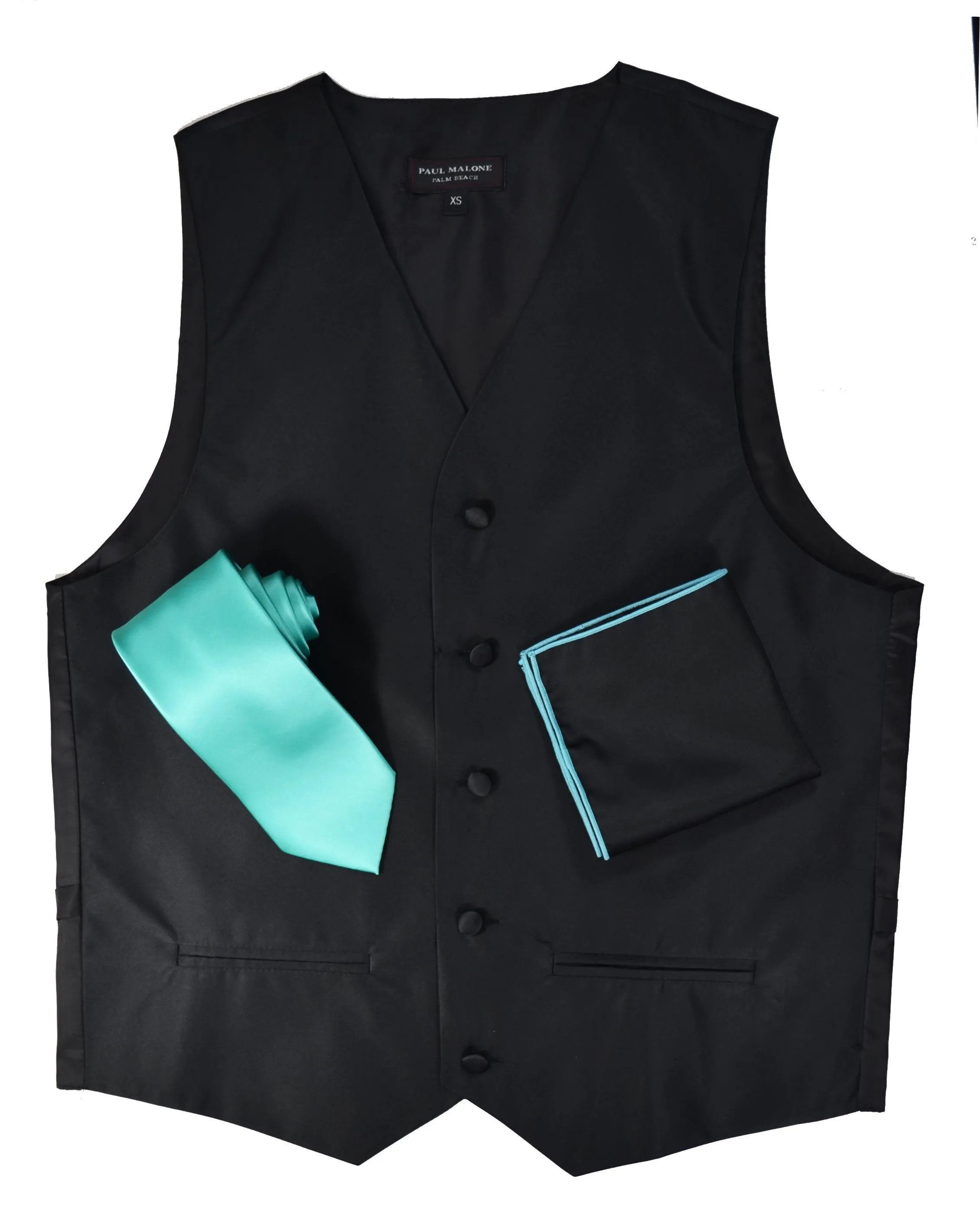 Solid Black Mens Tuxedo Vest, Tie and Trim Pocket Square