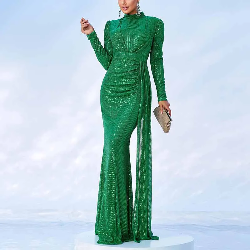 Stand Collar Long Sleeve Sequin Prom Dress Wedding Cocktail Dress