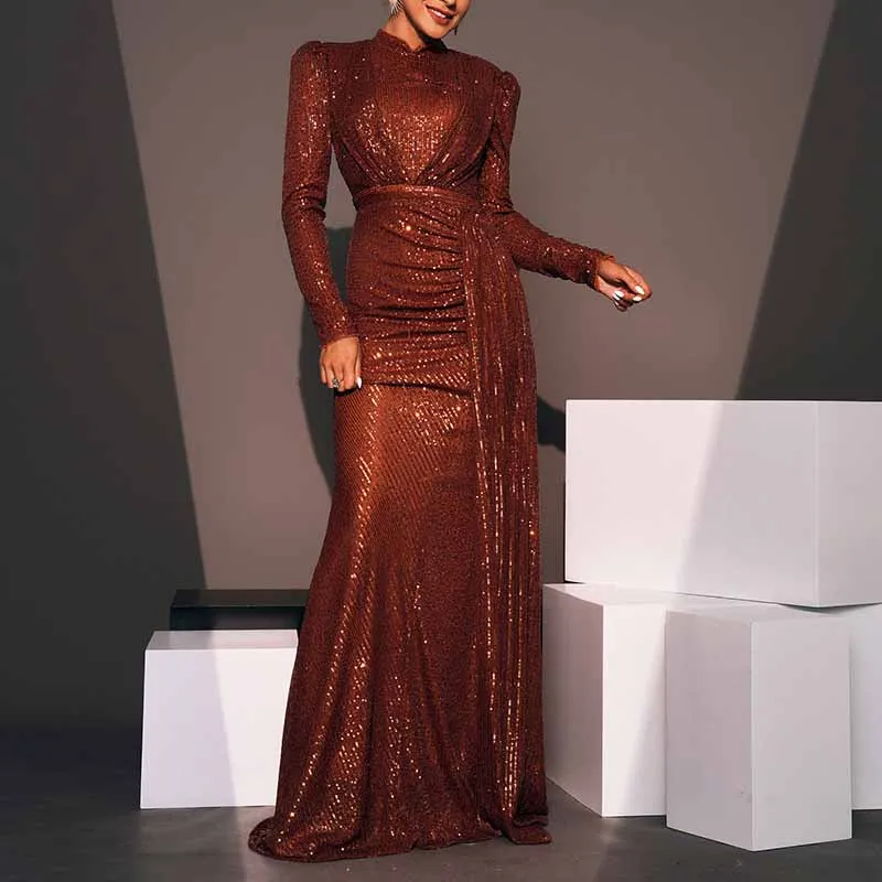 Stand Collar Long Sleeve Sequin Prom Dress Wedding Cocktail Dress