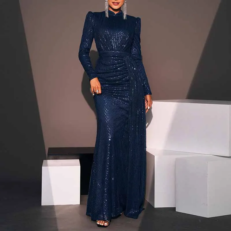 Stand Collar Long Sleeve Sequin Prom Dress Wedding Cocktail Dress