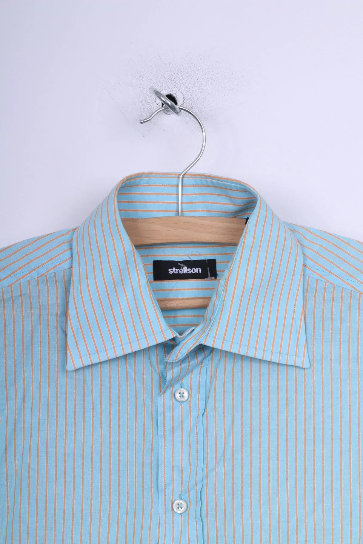 Strellson Mens L 40 15.5 Casual Shirt Blue Striped Cotton Short Sleeve