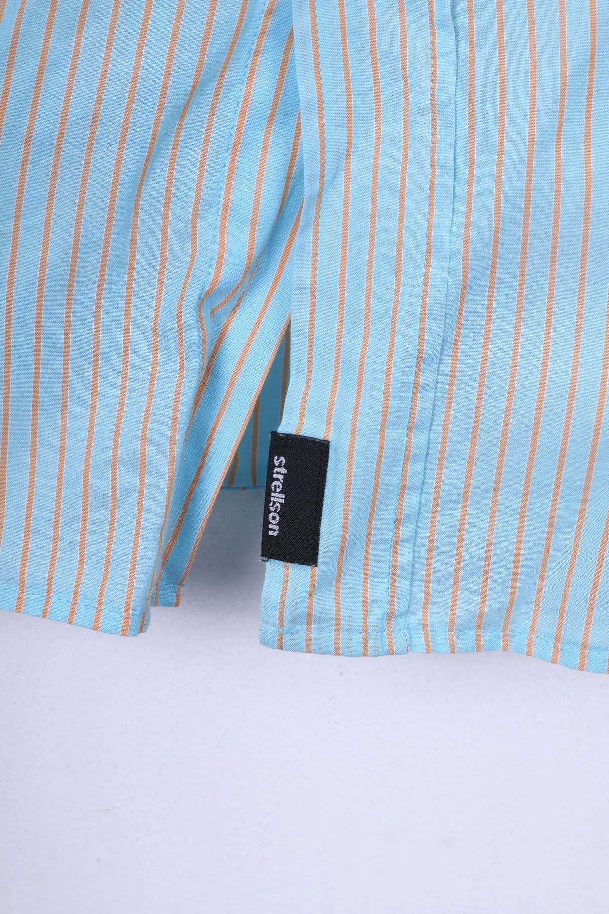 Strellson Mens L 40 15.5 Casual Shirt Blue Striped Cotton Short Sleeve