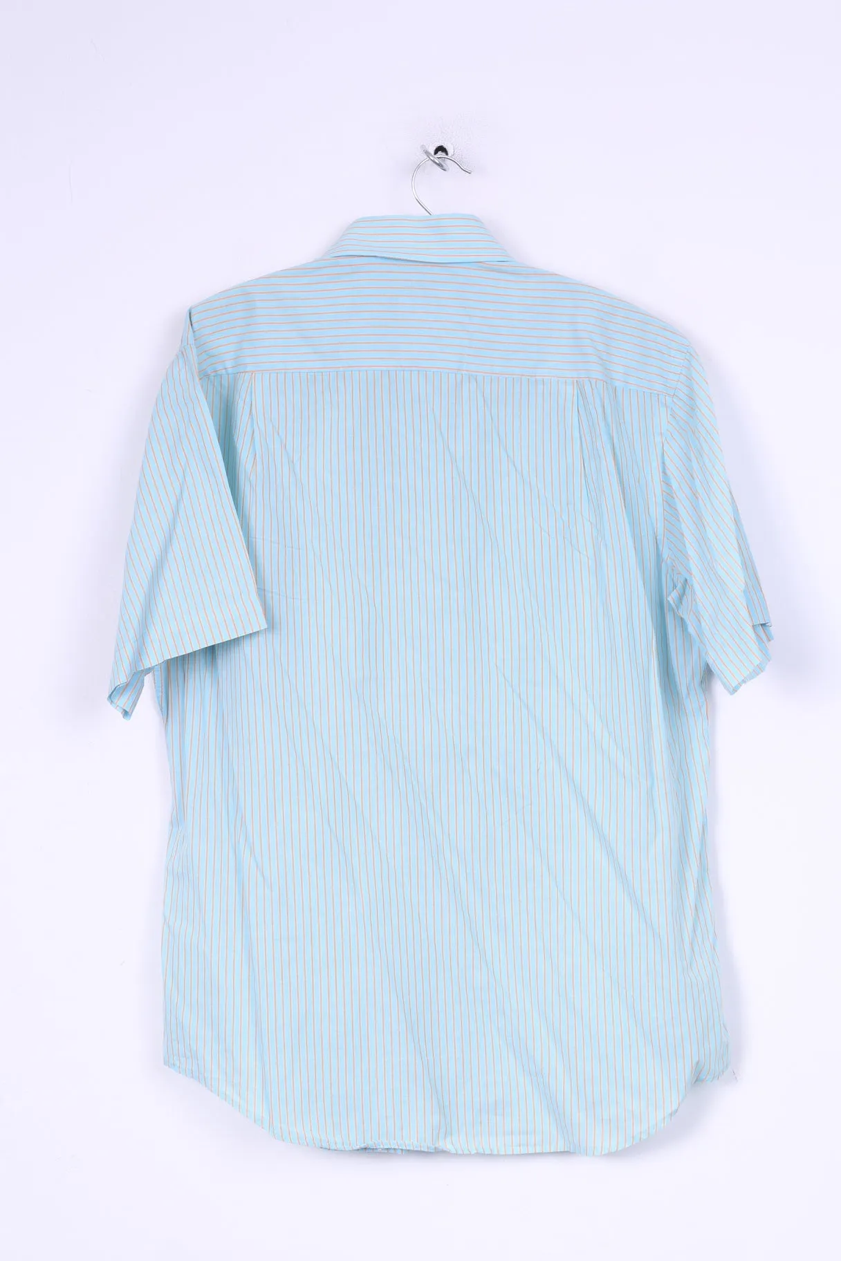 Strellson Mens L 40 15.5 Casual Shirt Blue Striped Cotton Short Sleeve