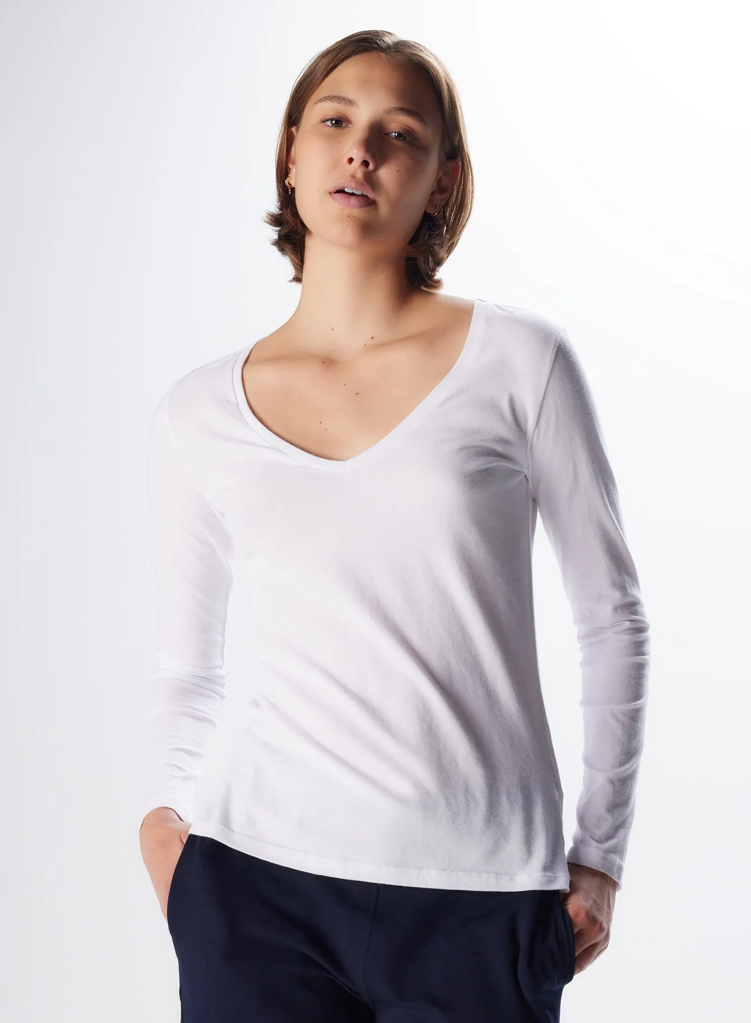 T-shirt Blanc Col V Manches Longues en Deluxe Coton