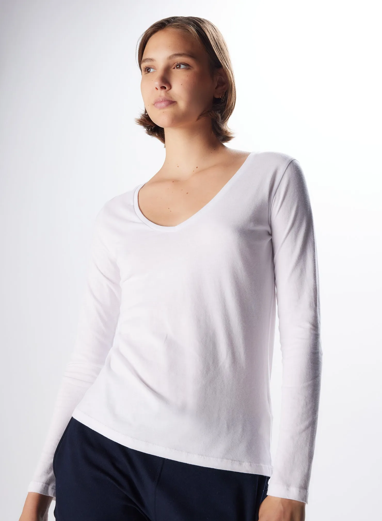 T-shirt Blanc Col V Manches Longues en Deluxe Coton