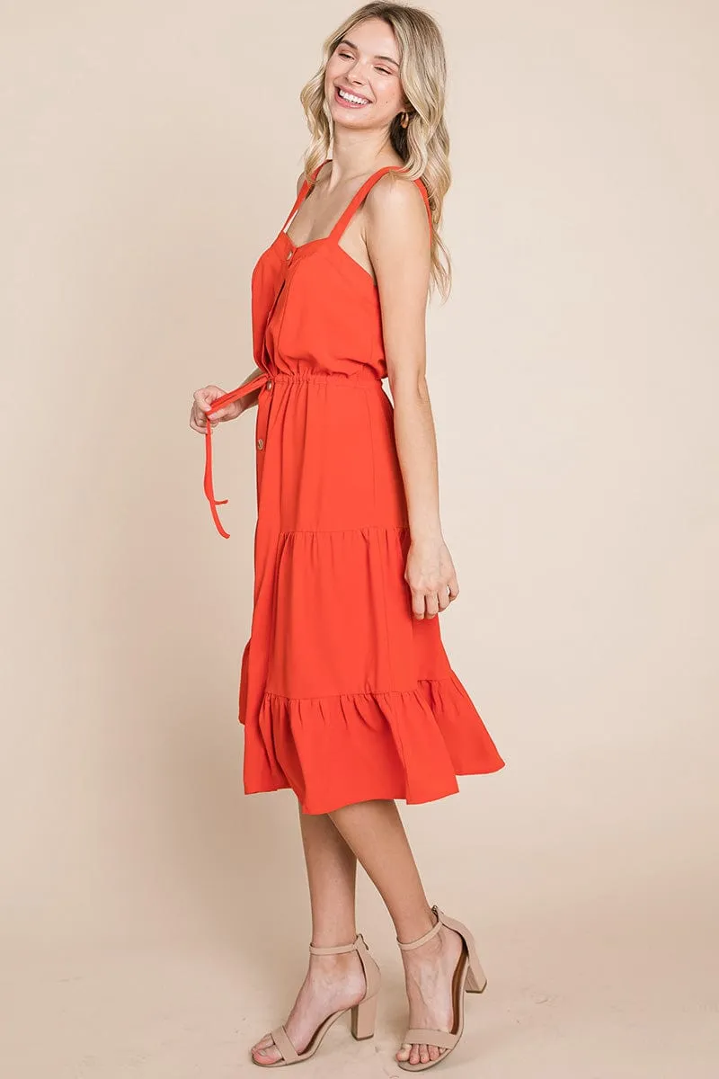 Tiered Square Neck Ruffled Button Midi Sundresses