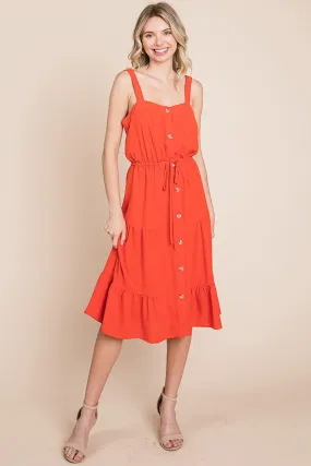 Tiered Square Neck Ruffled Button Midi Sundresses