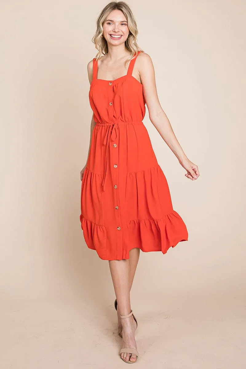 Tiered Square Neck Ruffled Button Midi Sundresses