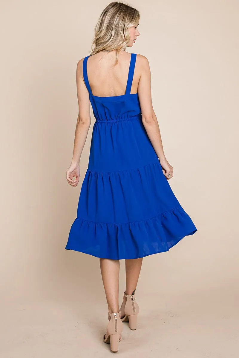 Tiered Square Neck Ruffled Button Midi Sundresses