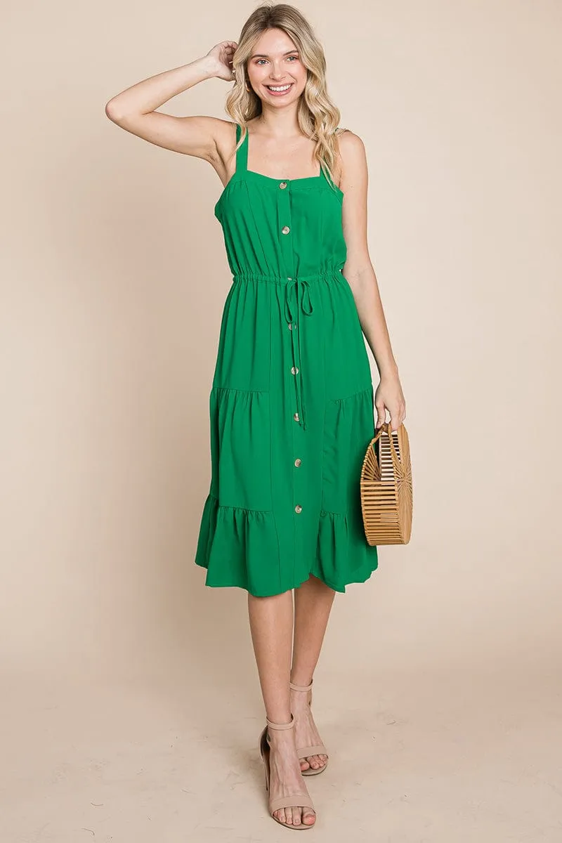 Tiered Square Neck Ruffled Button Midi Sundresses