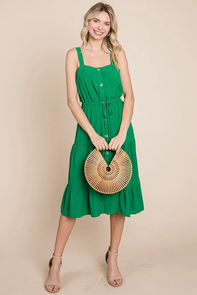 Tiered Square Neck Ruffled Button Midi Sundresses