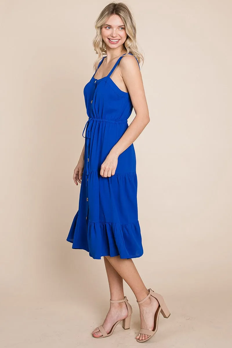 Tiered Square Neck Ruffled Button Midi Sundresses