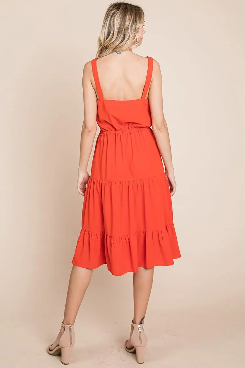 Tiered Square Neck Ruffled Button Midi Sundresses