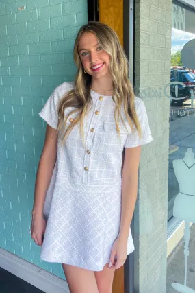 Tweed Button Up Dress-White