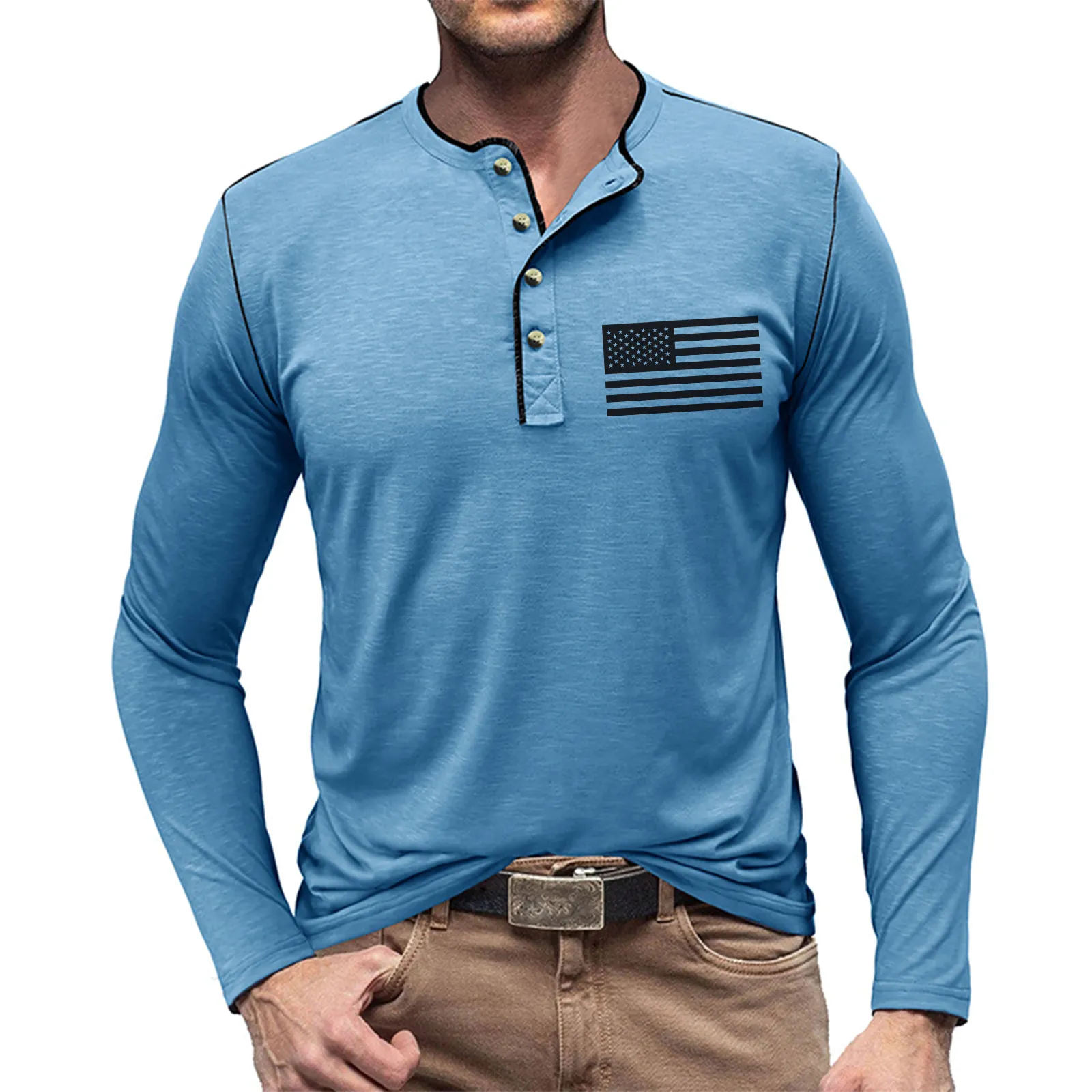 USA FLAG SLUB COTTON 1/4 BUTTON HENLEY SHIRT