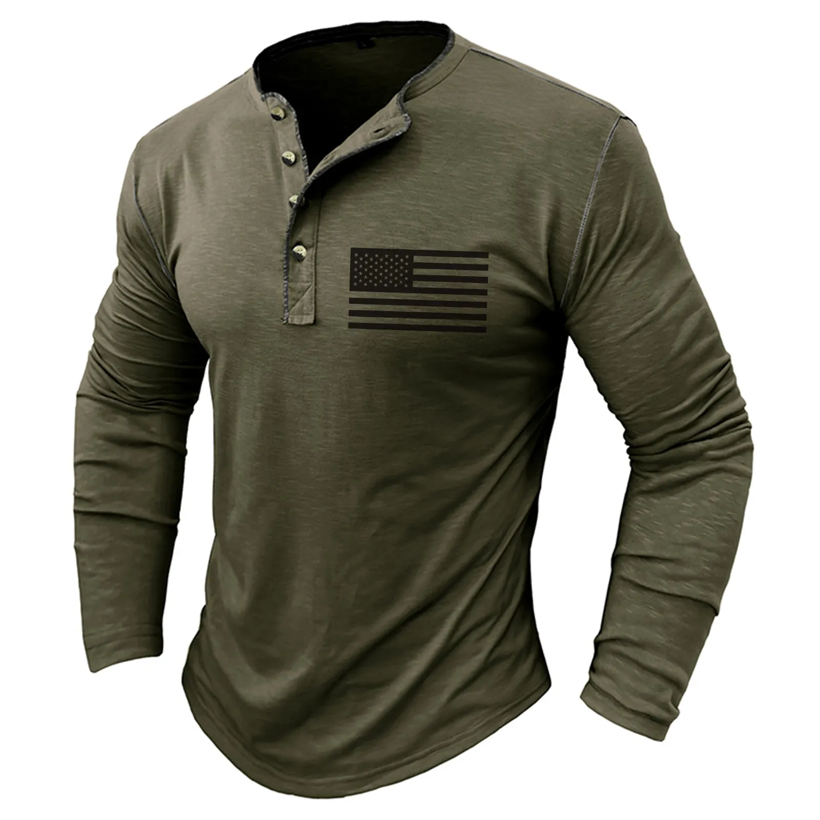 USA FLAG SLUB COTTON 1/4 BUTTON HENLEY SHIRT