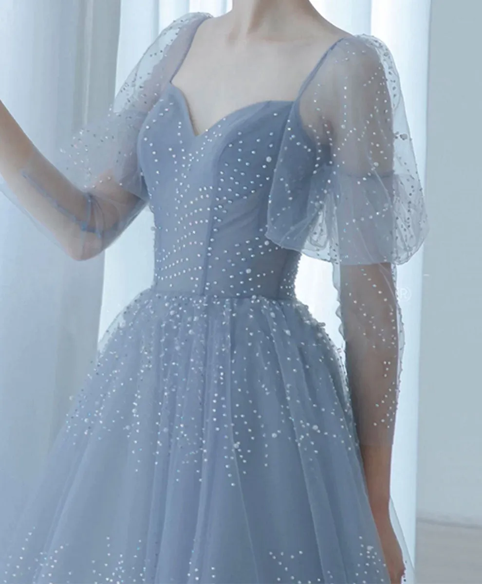 V Neck Tulle Sequin Blue Long Prom Dress, Blue Formal Graduation Dress