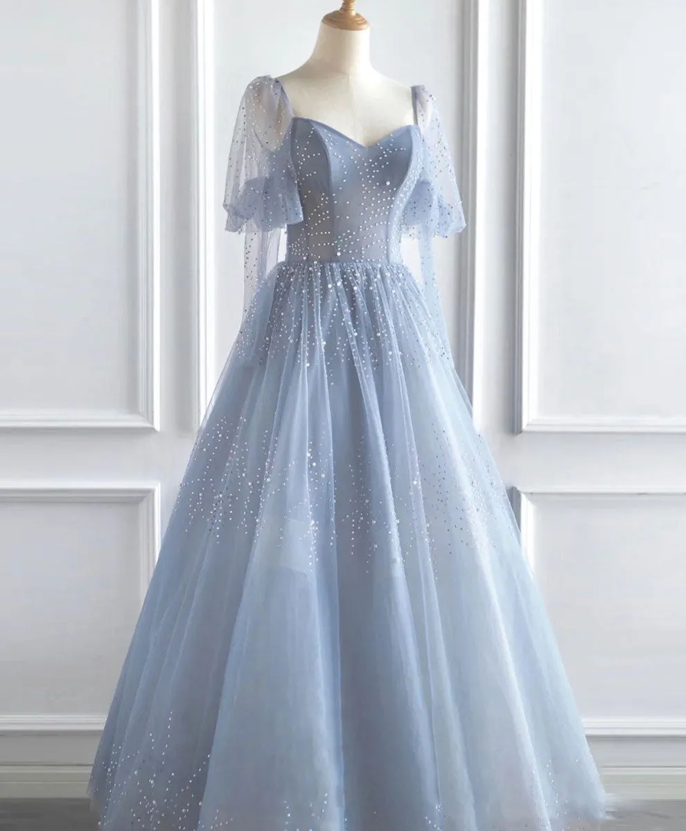 V Neck Tulle Sequin Blue Long Prom Dress, Blue Formal Graduation Dress