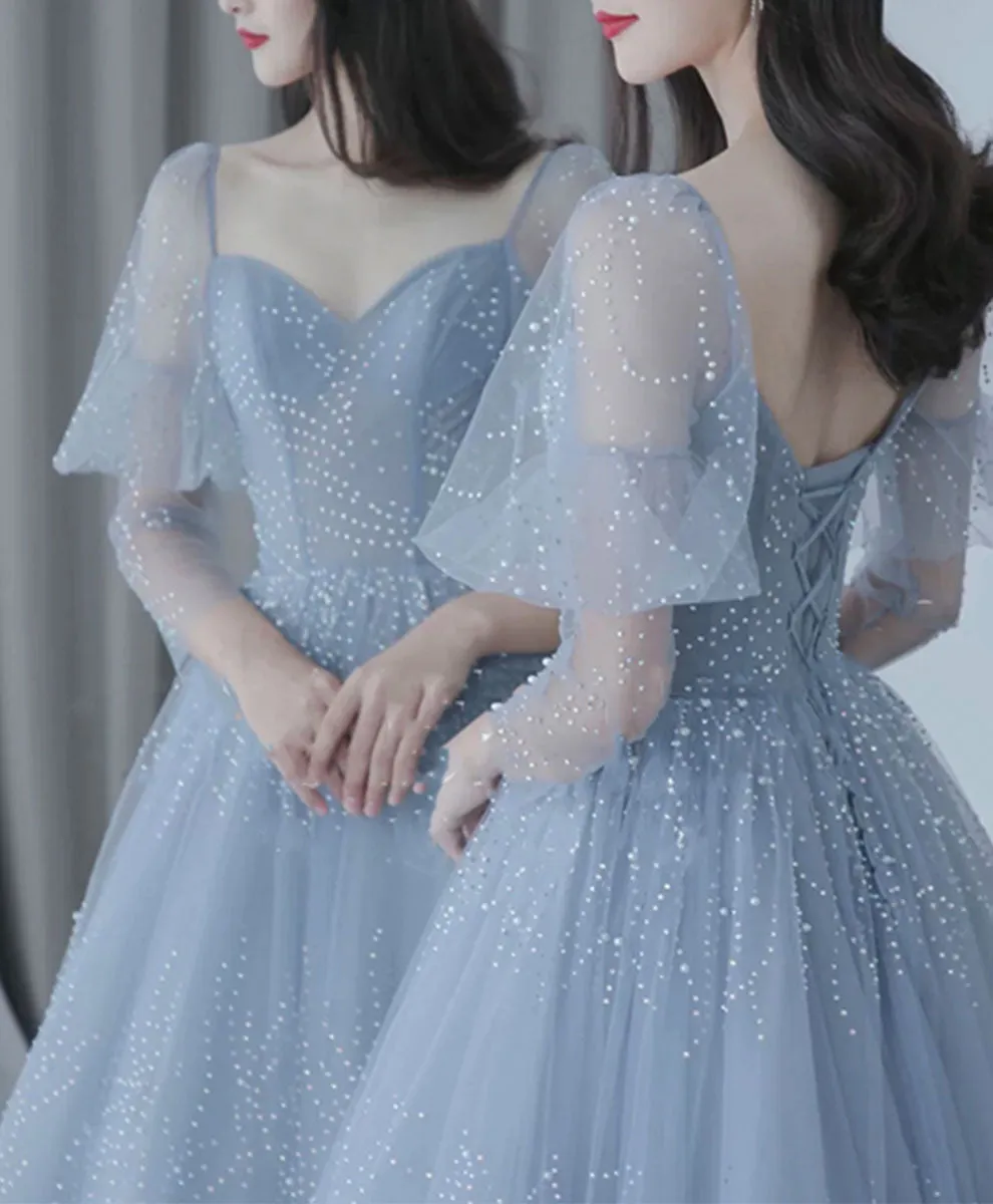 V Neck Tulle Sequin Blue Long Prom Dress, Blue Formal Graduation Dress