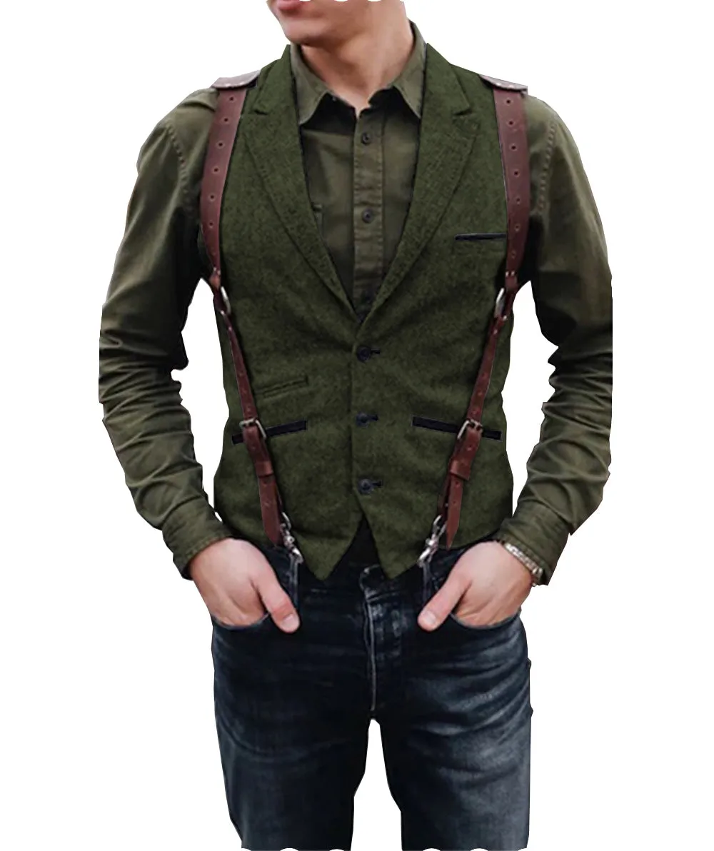 Vintage Classical Men's Retro Tweed Herringbone Notch Lapel Waistcoat