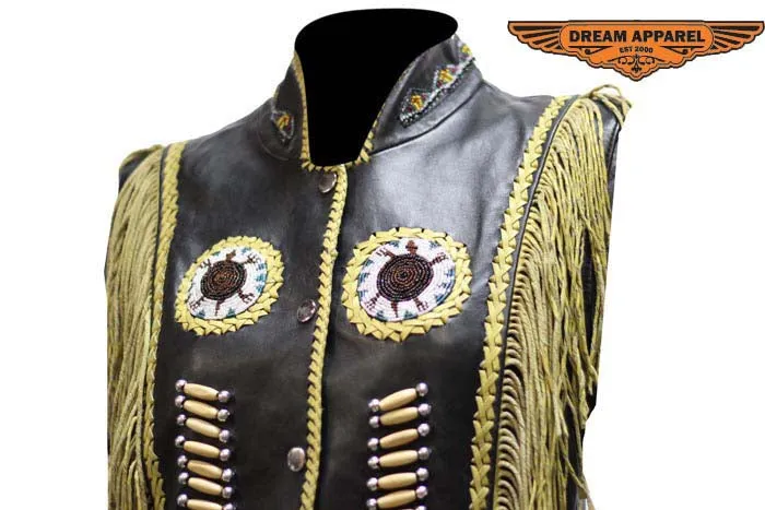 Womens Leather Vest With Circular Bead Work