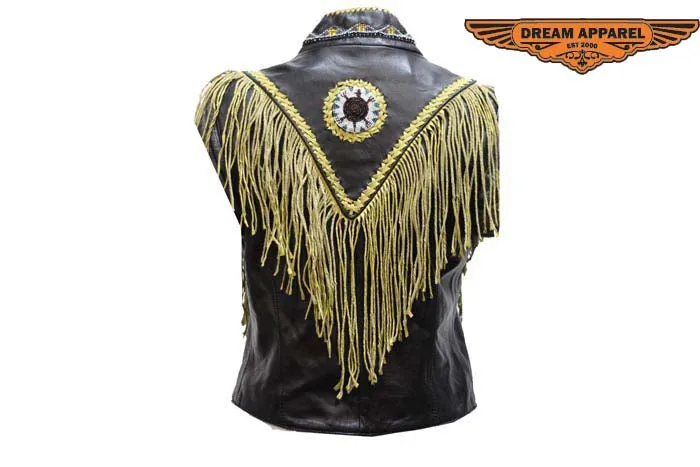 Womens Leather Vest With Circular Bead Work