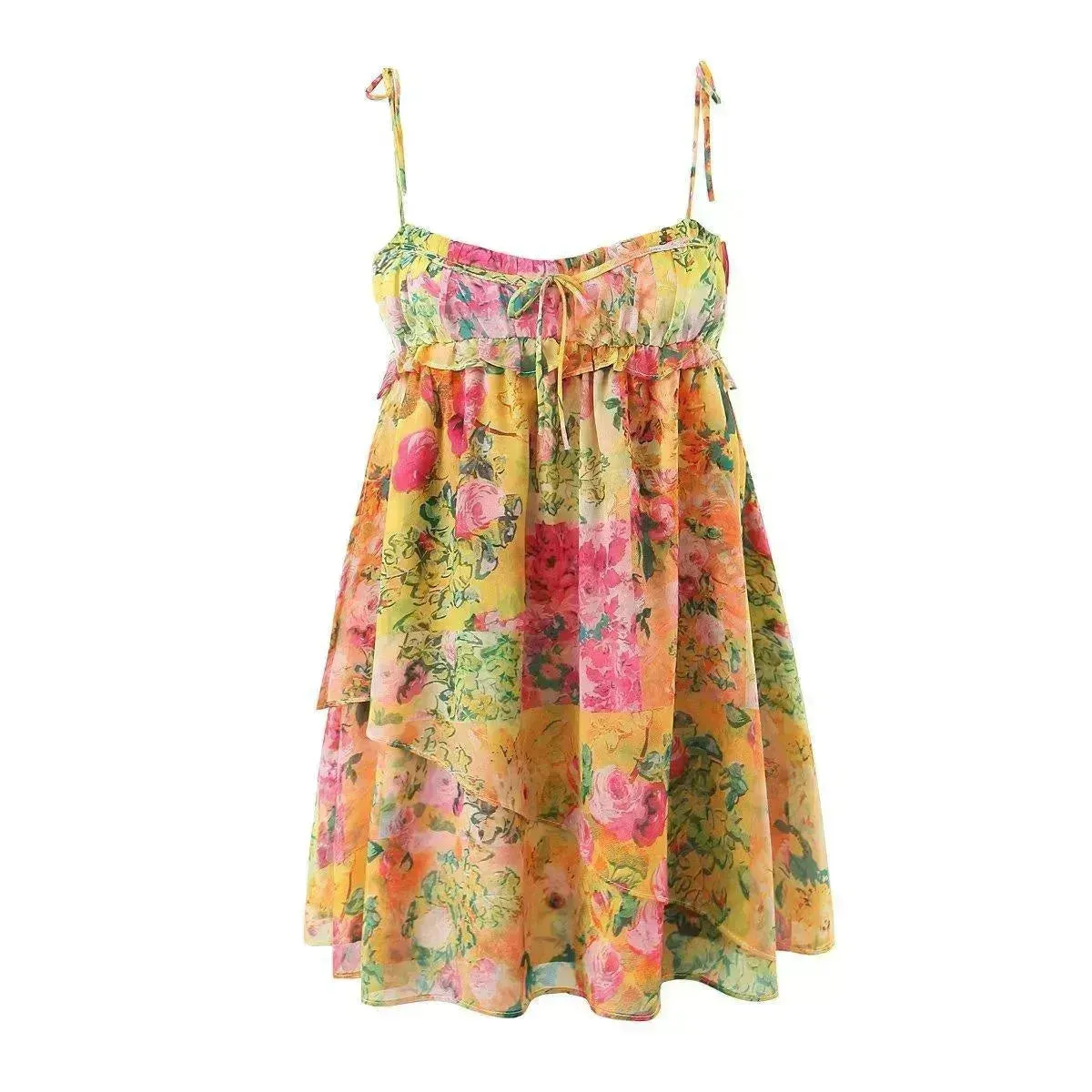 Y2K Flowers Print Suspender Dress Summer Fashion Ruffled Holiday Beach Short Dresses Womens Clothing